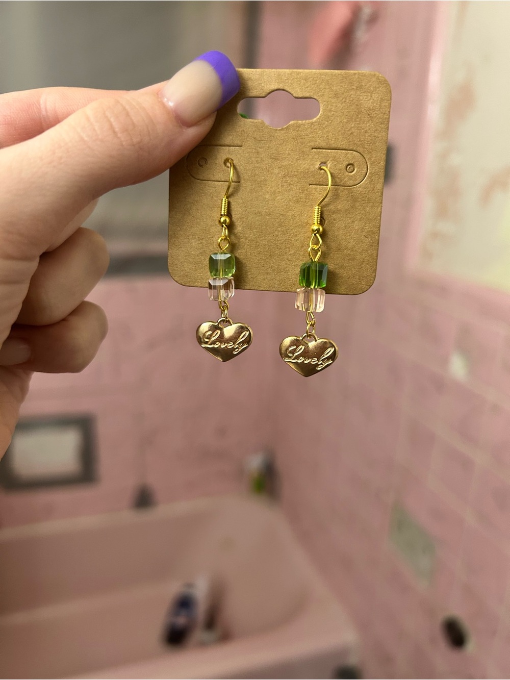 Gold 'Lovely' Heart Drop Earrings with Green & Clear Beads